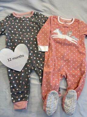 Carter's - Pair of Coral and White Polka Dot Baby Fleece Sleepers/Footies